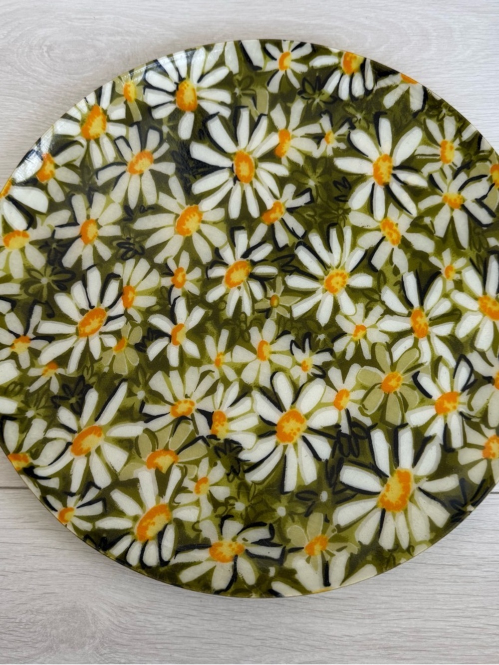 Vintage 60's Daisy Print Fiberglass 14" Round Serving Tray MCM Rounded Lip